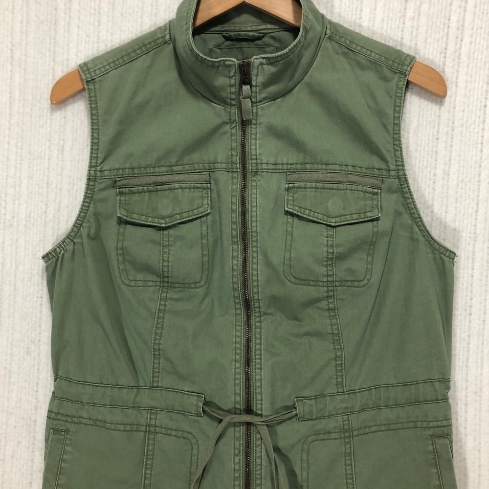 Merona Womens Utility Field Vest Olive Green Cotton Zip Up Drawstring Size M